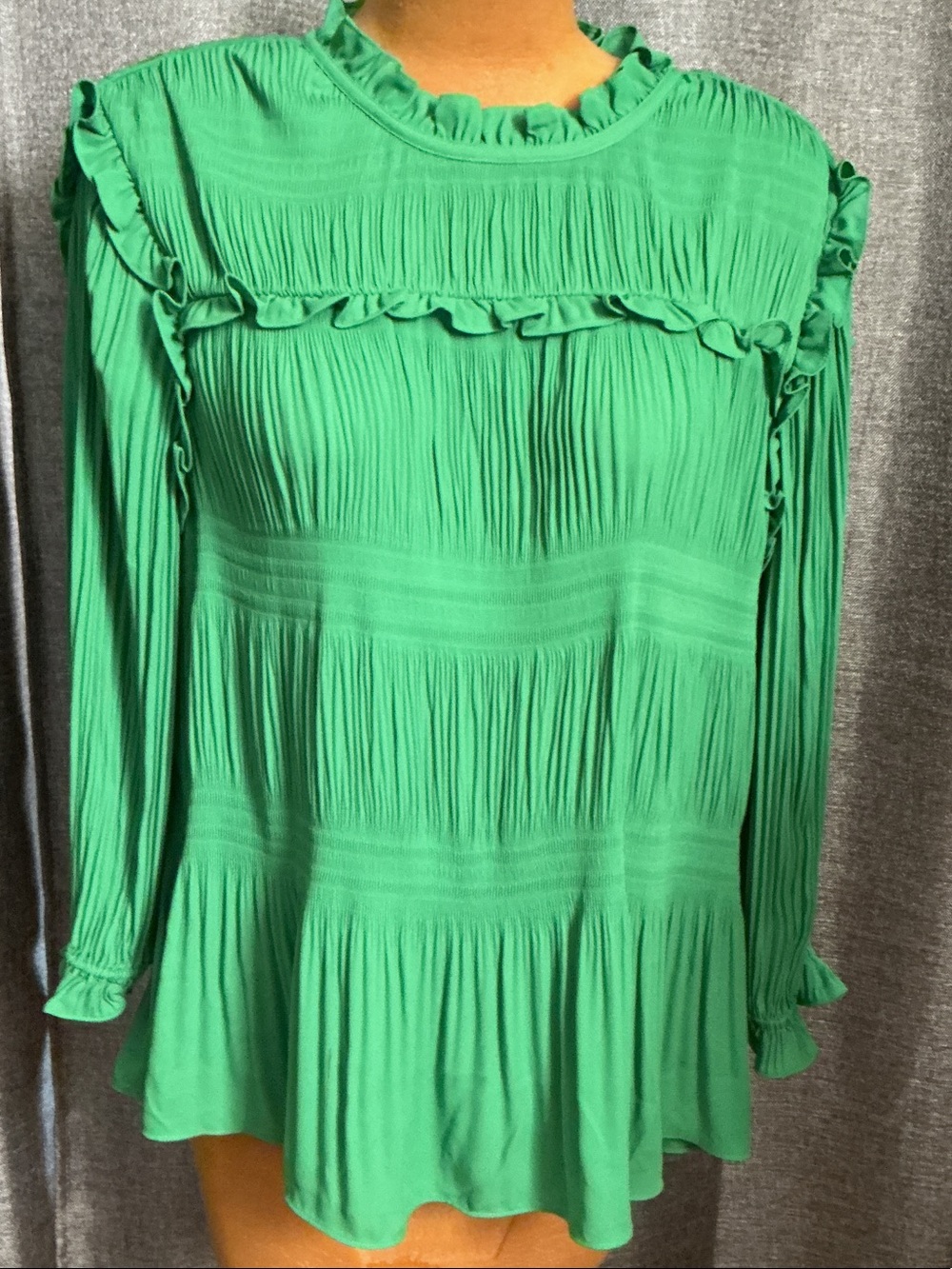 Ted Baker Emerald Green Pleated Ruffle Long-Sleeve Blouse